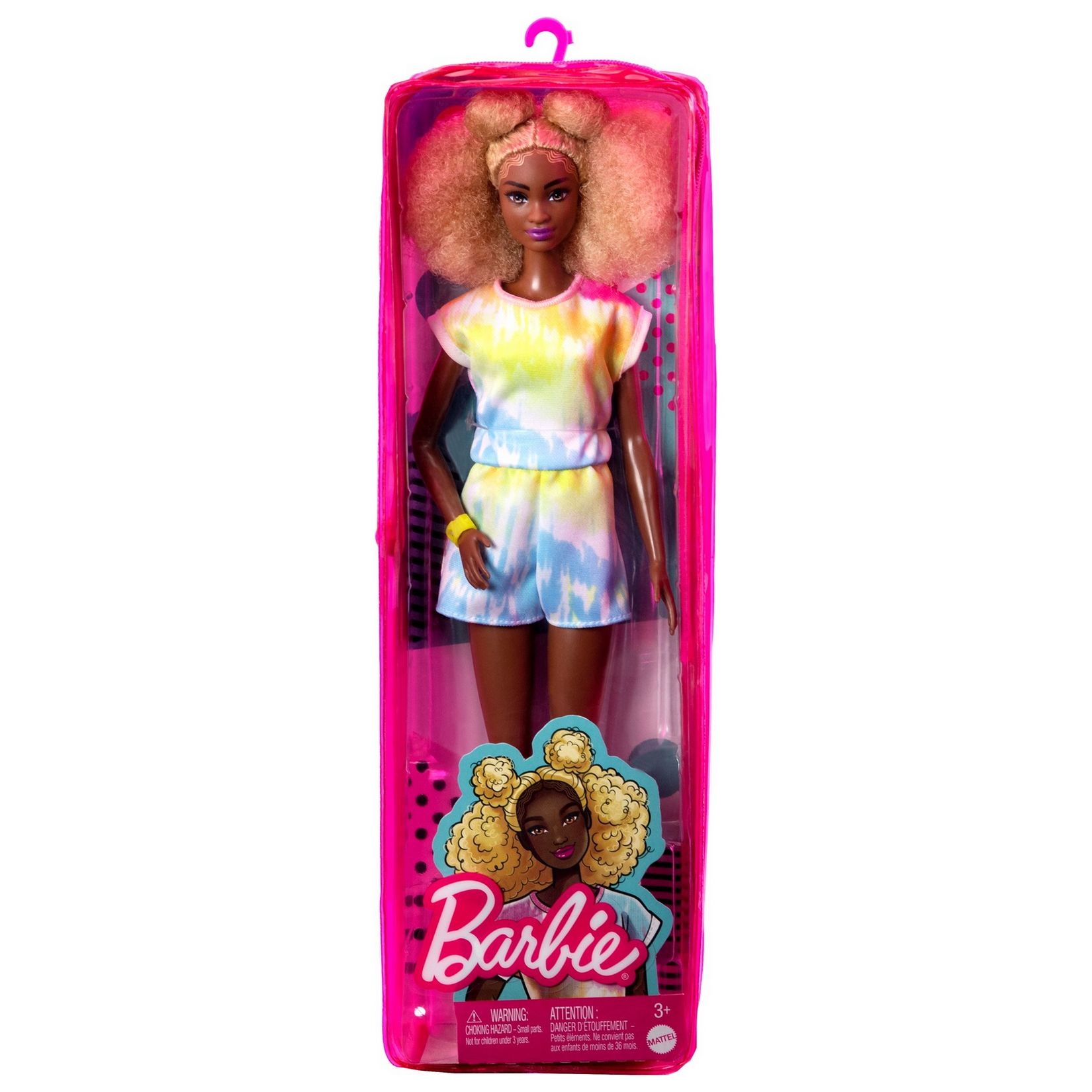 BARBIE Fashionistas Tall Blonde Afro Tie Dye Romper Sneakers Yellow Bracelet Doll