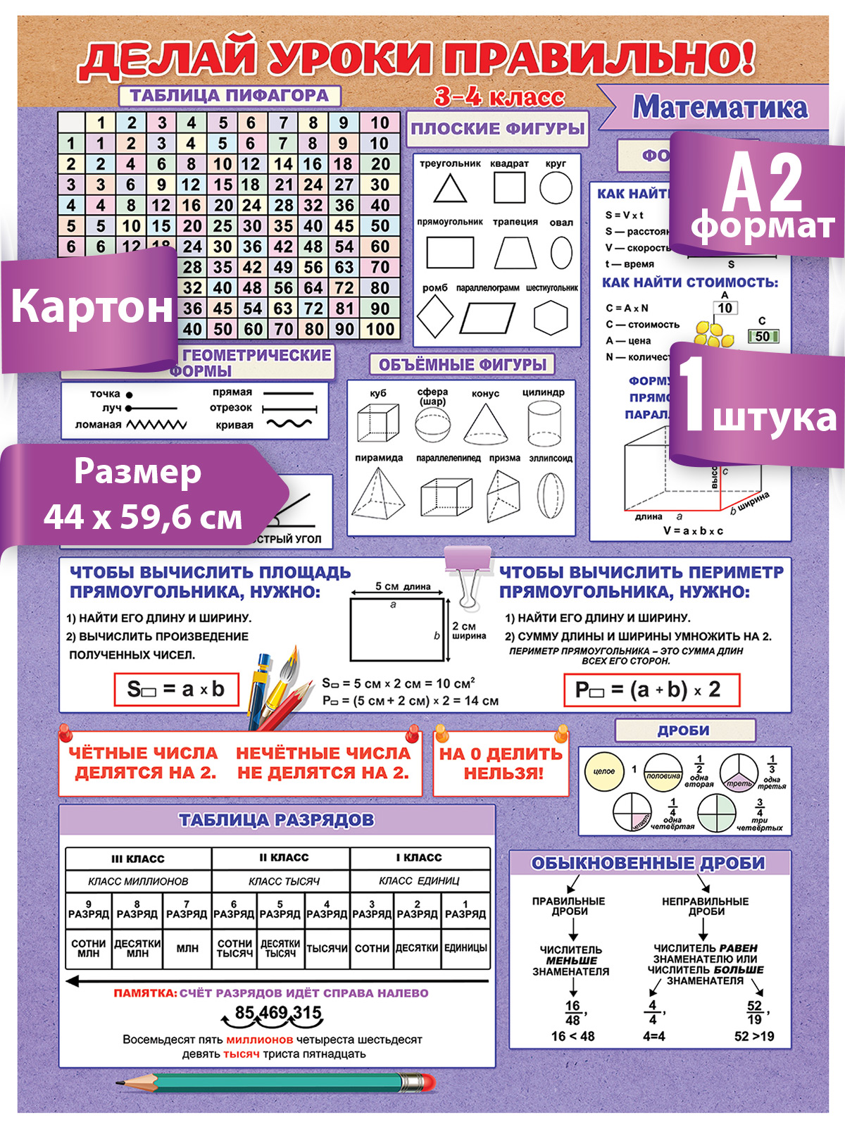 Плакат Праздник Делай уроки правильно математика 3-4 класс купить по цене  167 ₽ в интернет-магазине Детский мир