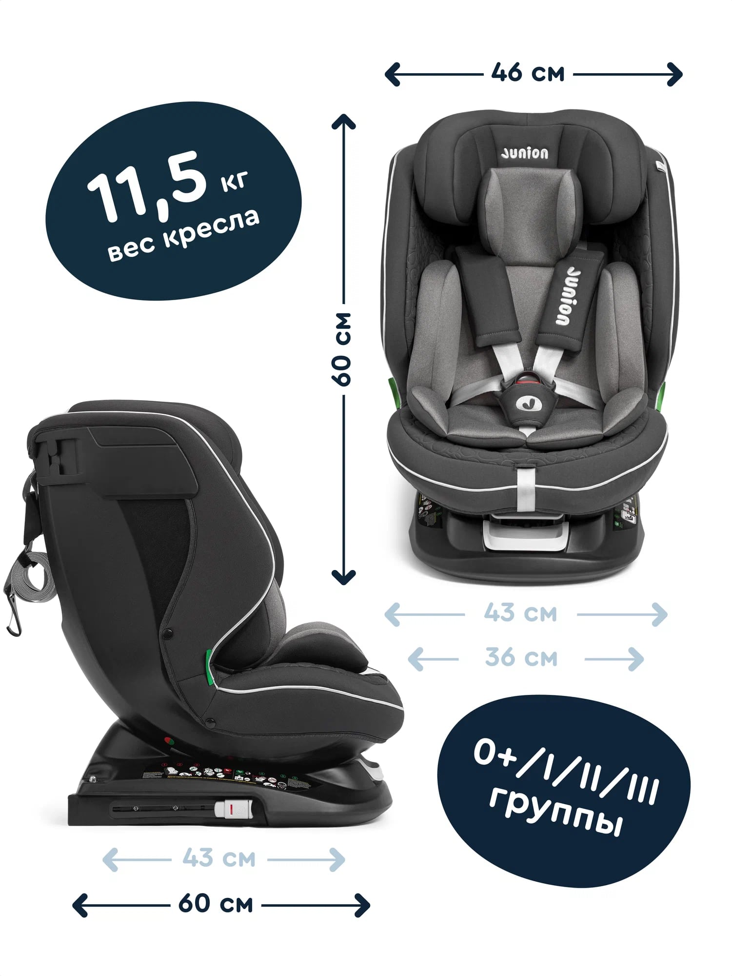 Автокресло Junion Julsi i-size группа 0+/1/2/3 0-36 кг 0-12 лет 360° Isofix чёрный - фото 3