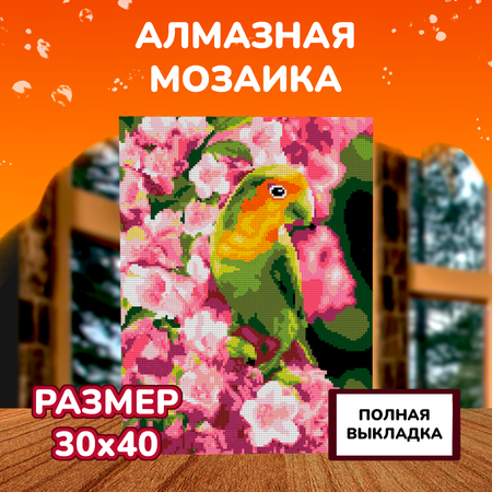 Алмазная мозаика на холсте LORI с полным заполнением Весенний попугайчик 40х30 см