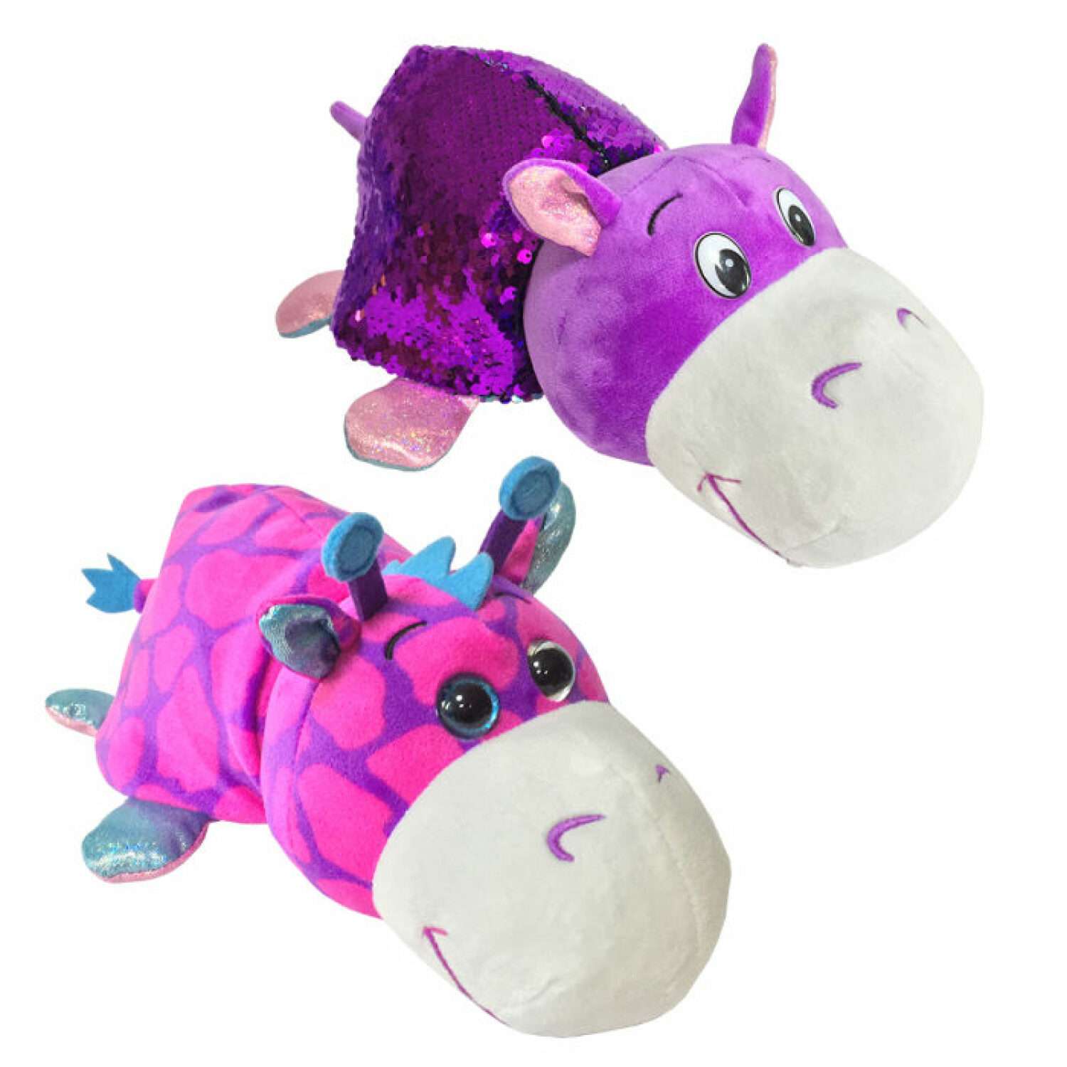 Мягкая игрушка Вывернушка Блеск с пайетками Розовый Жираф фиолетовый Бегемотик 30см - фото 1