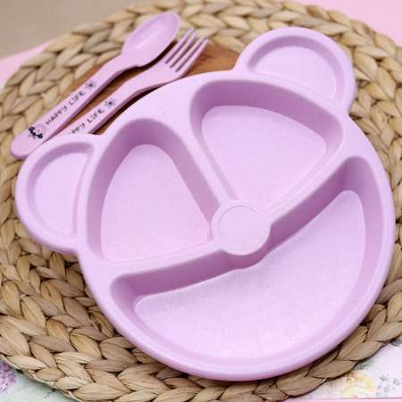 Тарелка секционная iLikeGift Bear pink пластиковая с приборами