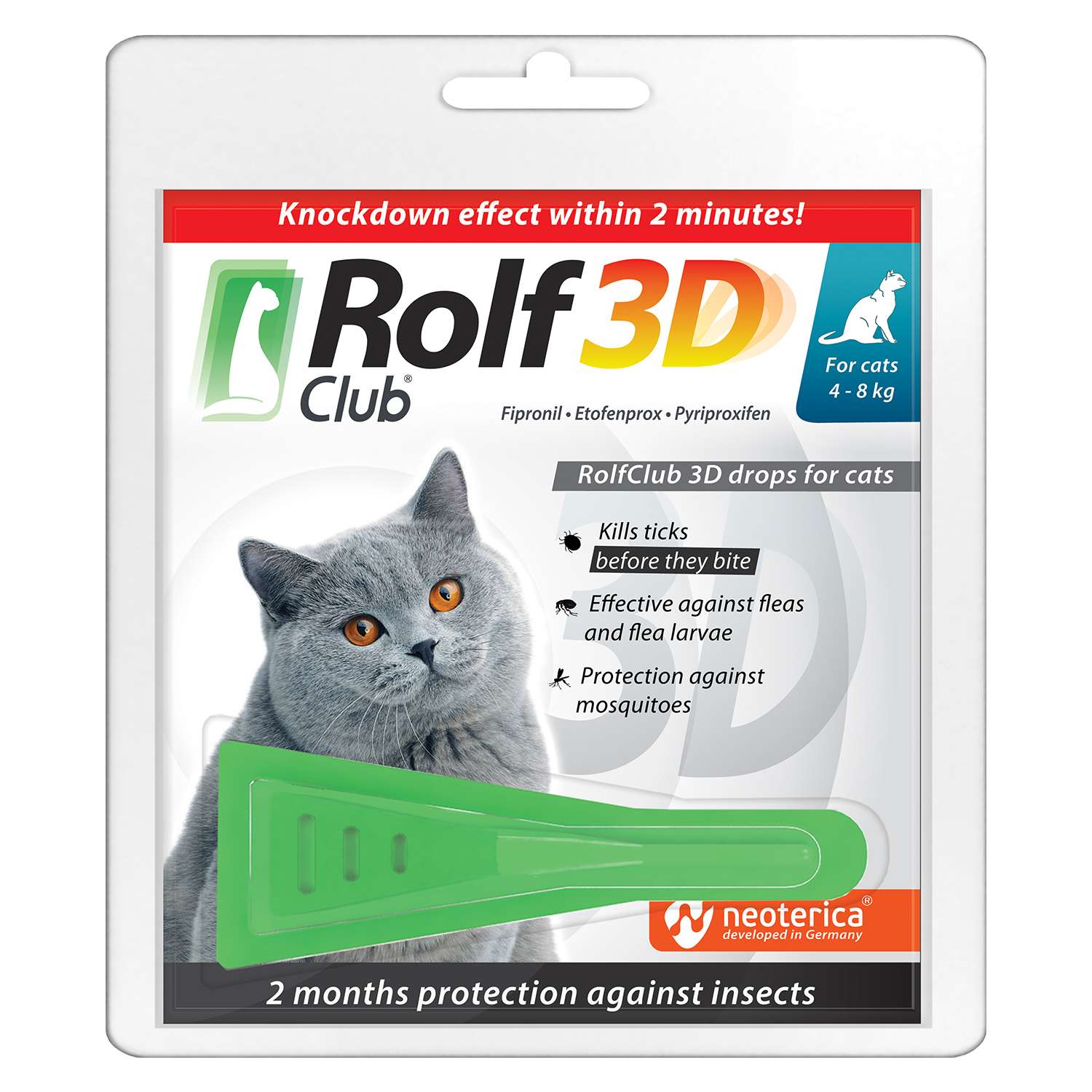Капли для кошек RolfClub3D 4-8кг от блох и клещей 0.8мл - фото 1