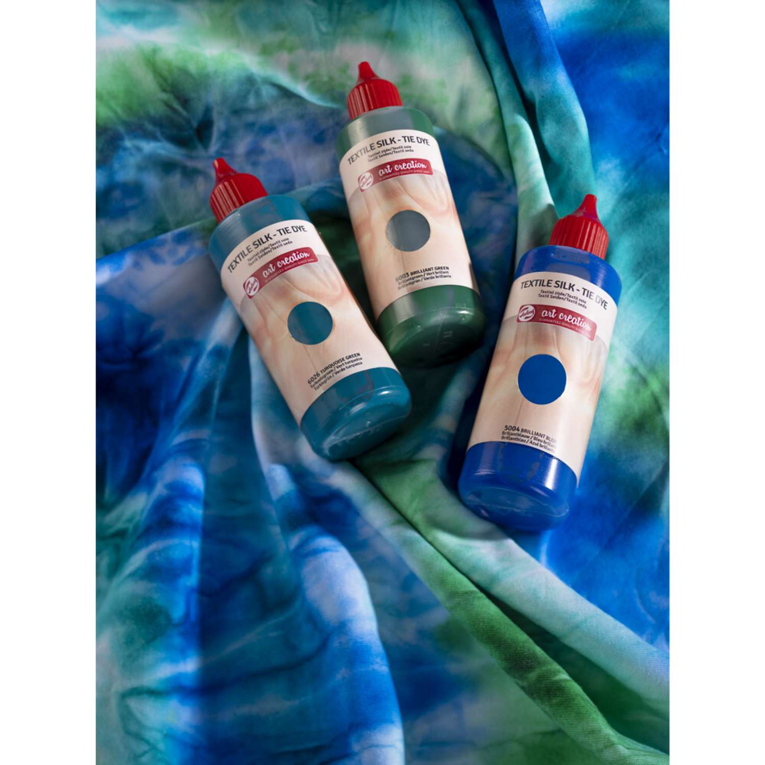 Набор красок для текстиля Talens Art Creation Tie-dye 3 цвета оттенки голубого в тубах по 85мл и перчатки в картонной упаковке - фото 7