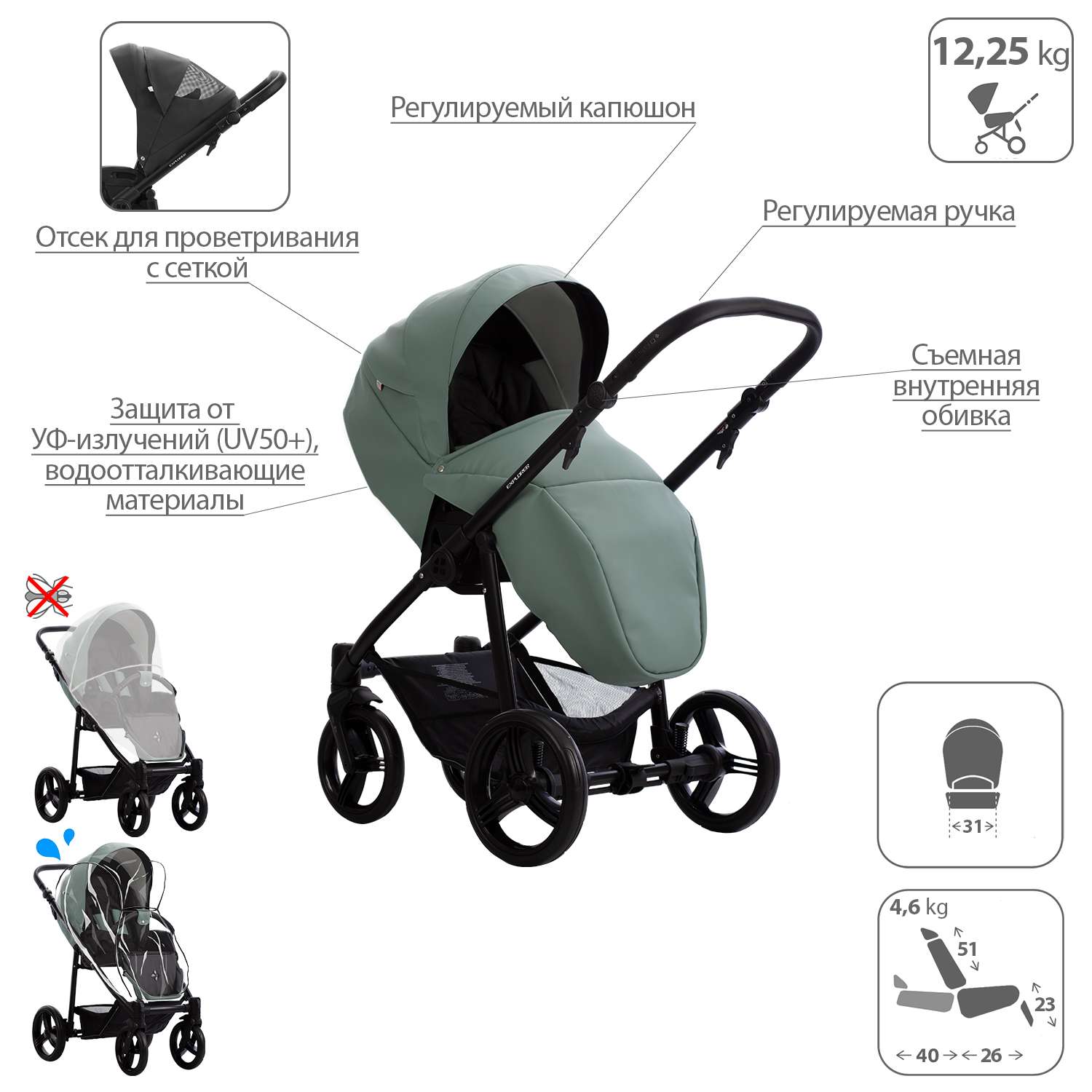 Коляска 2в1 Bebetto Explorer AIR PRO экокожа шасси Черное 07 - фото 5