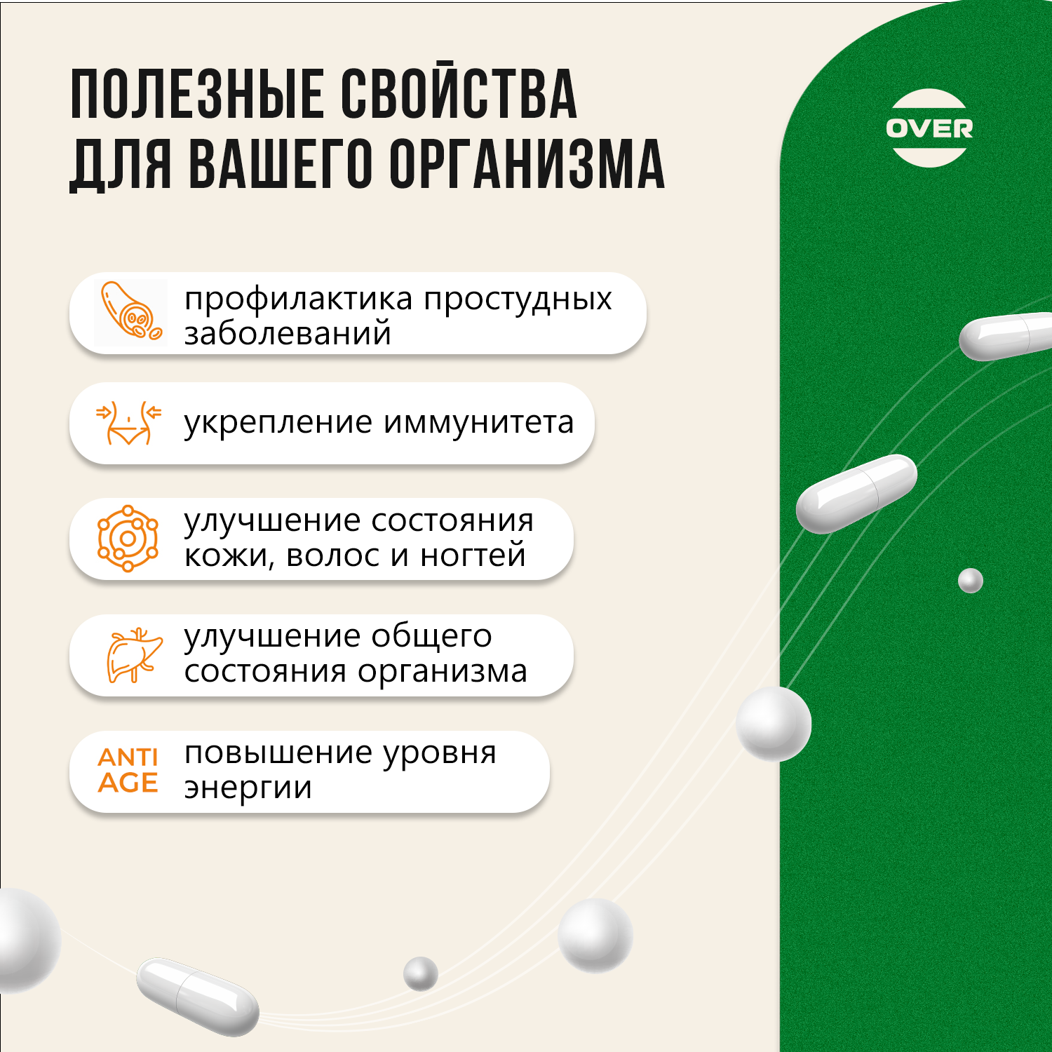 Витаминно-минеральный комплекс OVER Витамины для красоты и здоровья 30 капсул - фото 3