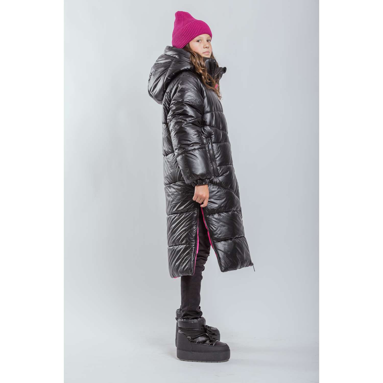 Пальто Orso Bianco OB41124-22_черный блеск/ярк.розовый - фото 4