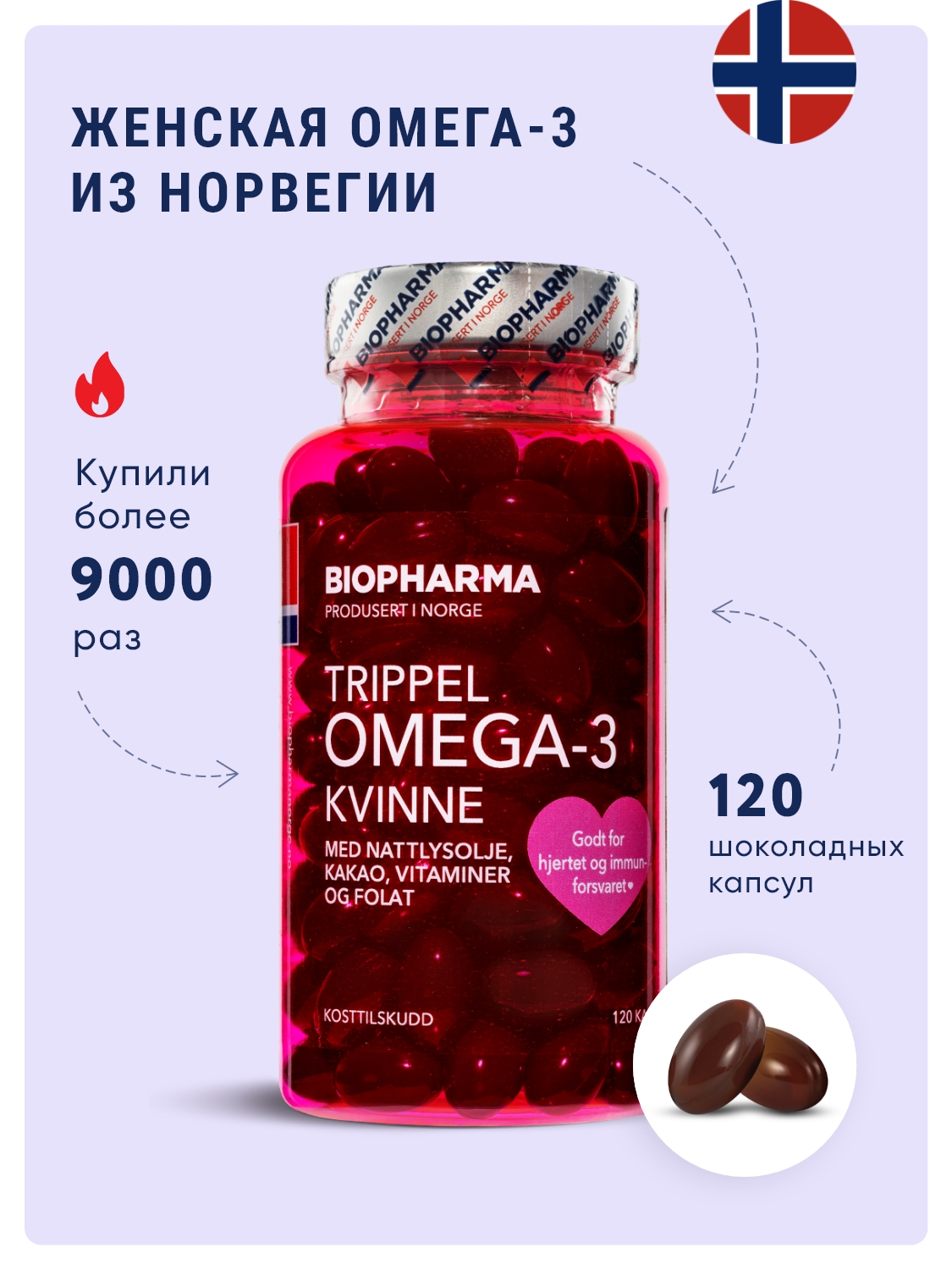 БАДы Biopharma Омега 3 с фолиевой кислотой Рыбий жир для женщин Trippel Omega-3 Kvinne 120 капсул - фото 1