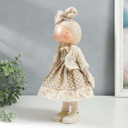 Кукла интерьерная Зимнее волшебство «Малышка в бежевом платье в горох с цветочком» 39х12 5х17 см