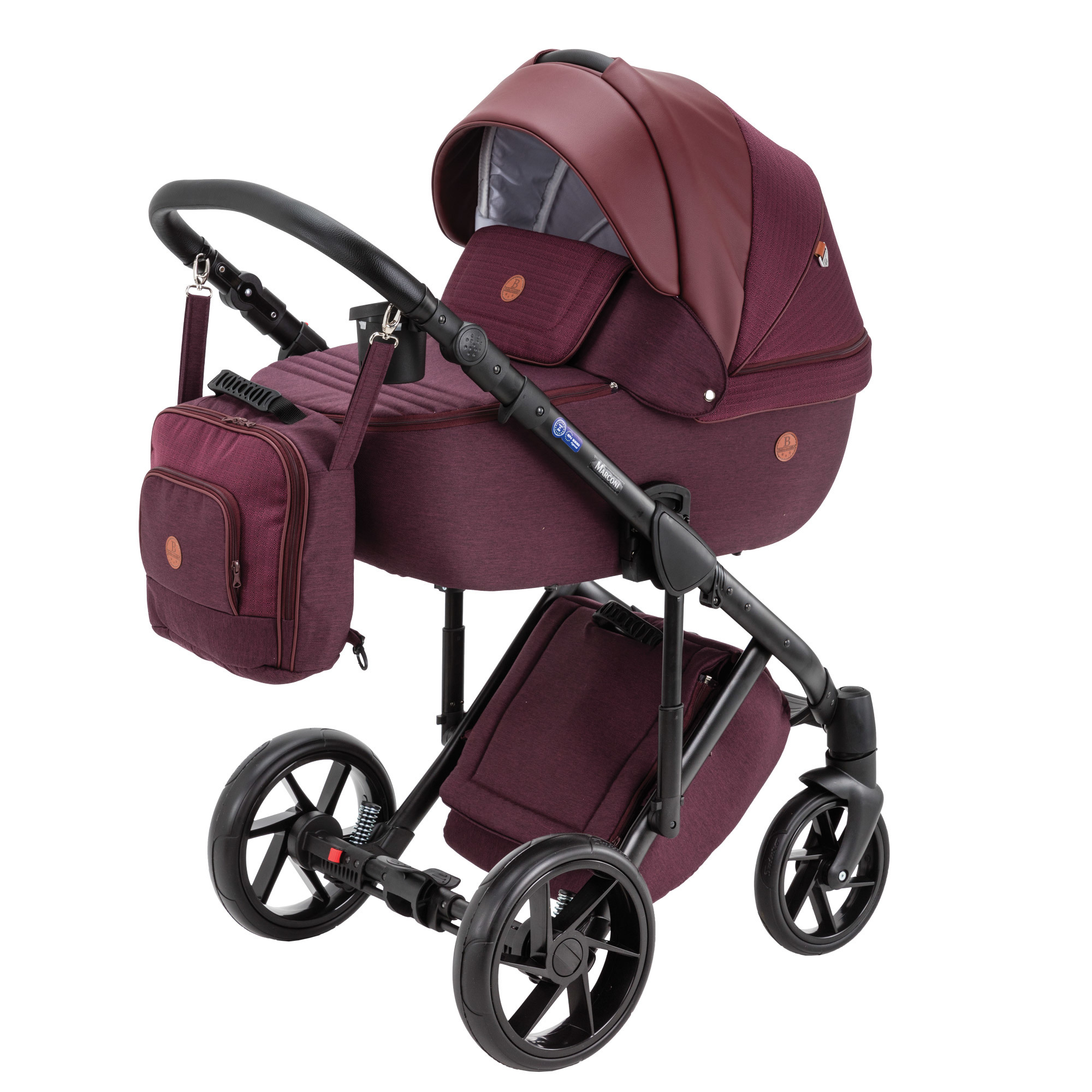 Коляска 2в1 BeBe-mobile Marconi 50% кожа BE71 Бордовый Жаккард+Бордовая кожа - фото 1