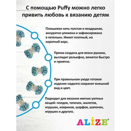 Пряжа для вязания Alize puffy 100 г 9 м микрополиэстер фантазийная плюшевая 414 лазурный 5 мотков