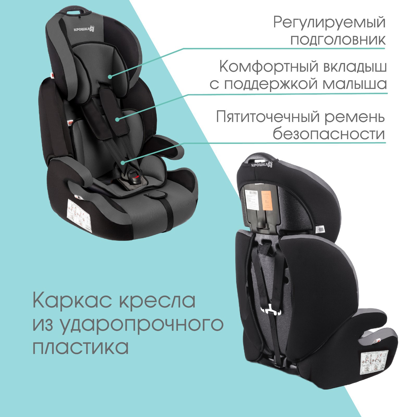 Автокресло Крошка Я Flex plus группа 1/2/3 9-36 кг (1-12 лет) Серый/Черный - фото 2