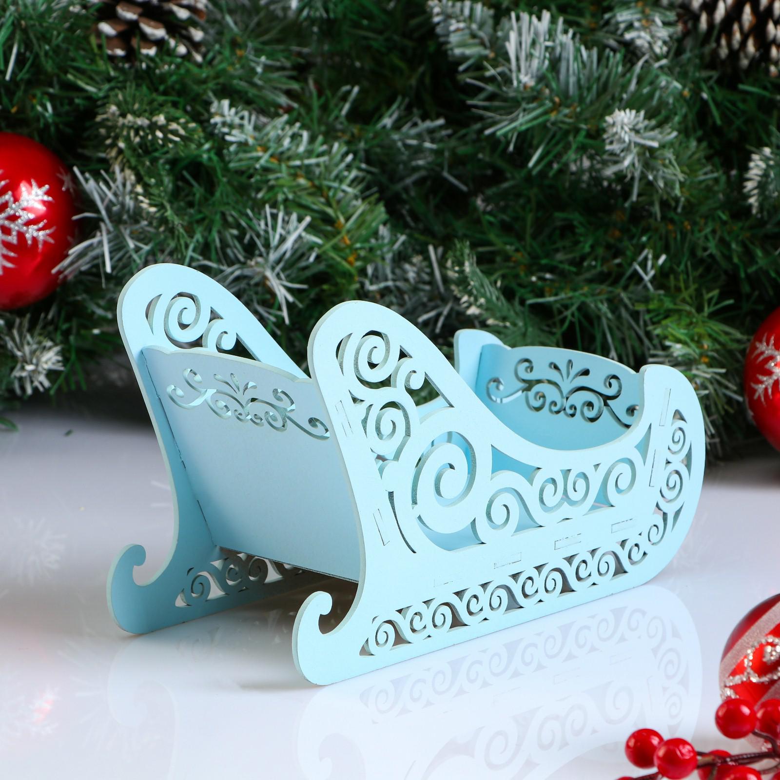 Кашпо Sima-Land деревянное 23×10×14 см «Новогоднее. Санки» подарочная упаковка голубая пастель - фото 2