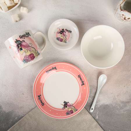 Набор посуды Sima-Land Единорог тарелка 18 см миска кружка 300 мл ложка подставка
