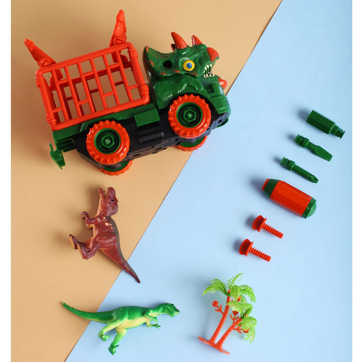 Машинка конструктор Limei Динозавр инерционный с клеткой и фигурками отвертка в комплекте - фото 3