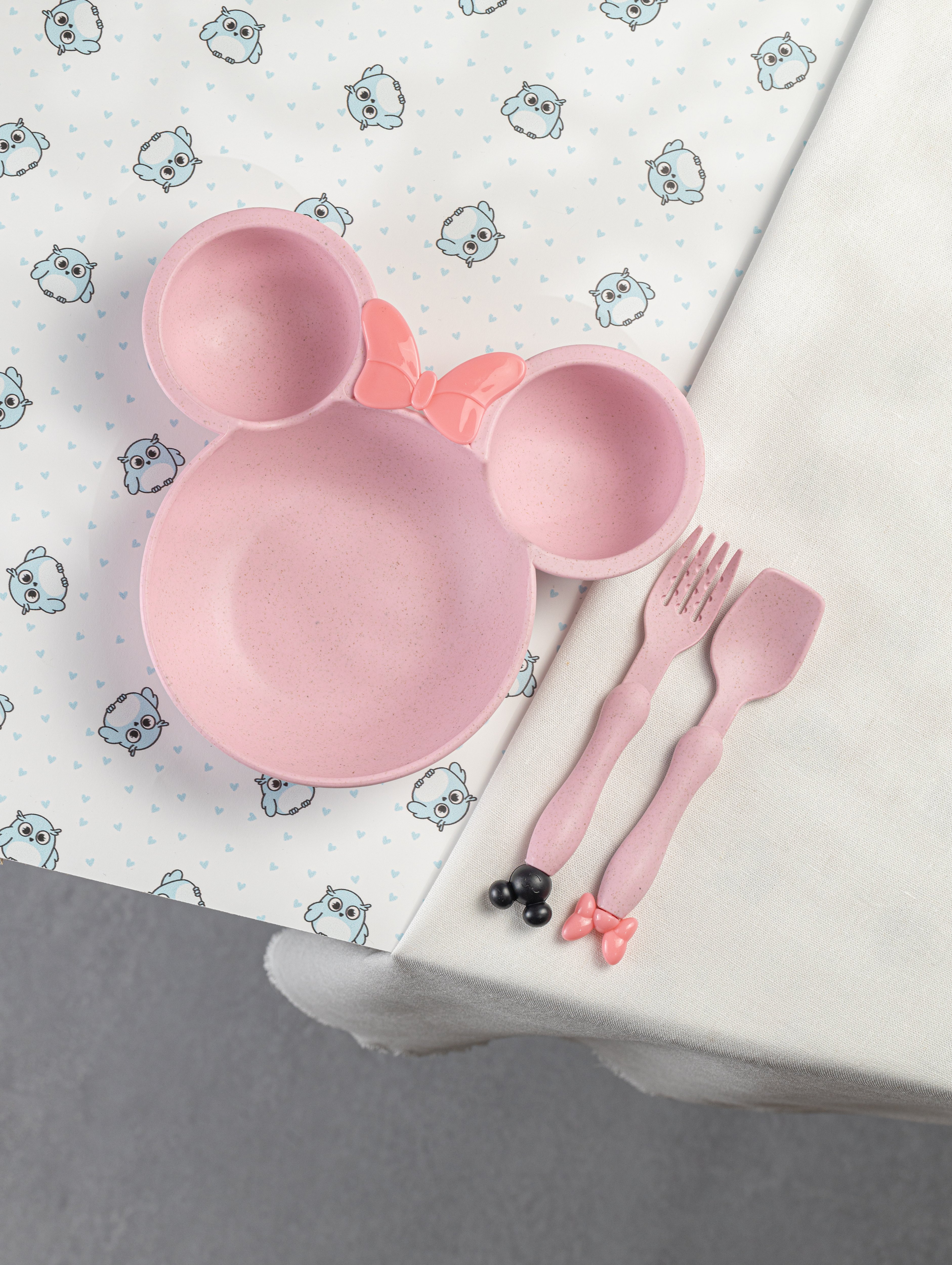 Набор детской посуды Добрый Филин Детская тарелка вилка ложка Мышонок розовый 3 предмета - фото 7