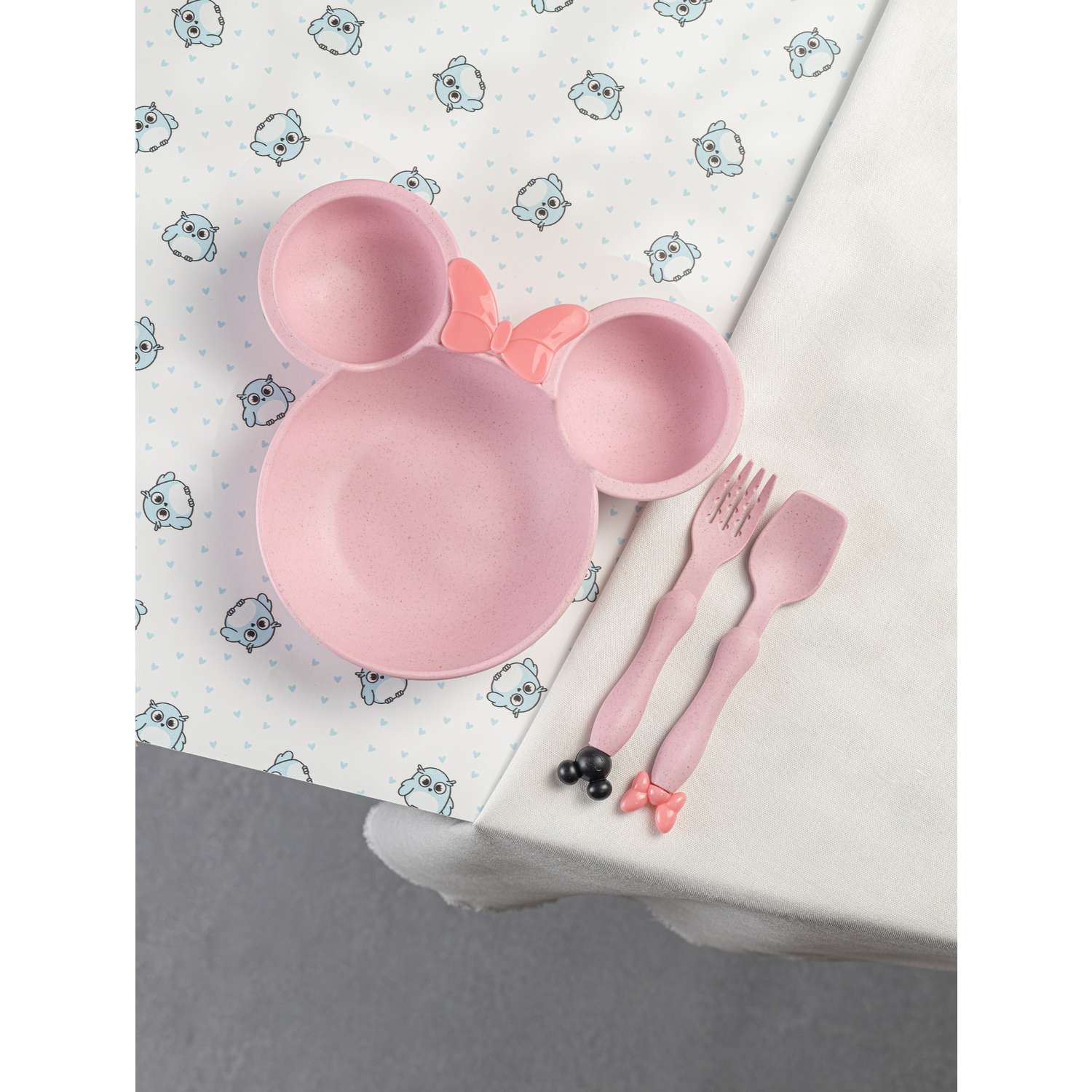 Набор детской посуды Добрый Филин Детская тарелка вилка ложка Мышонок розовый 3 предмета - фото 7
