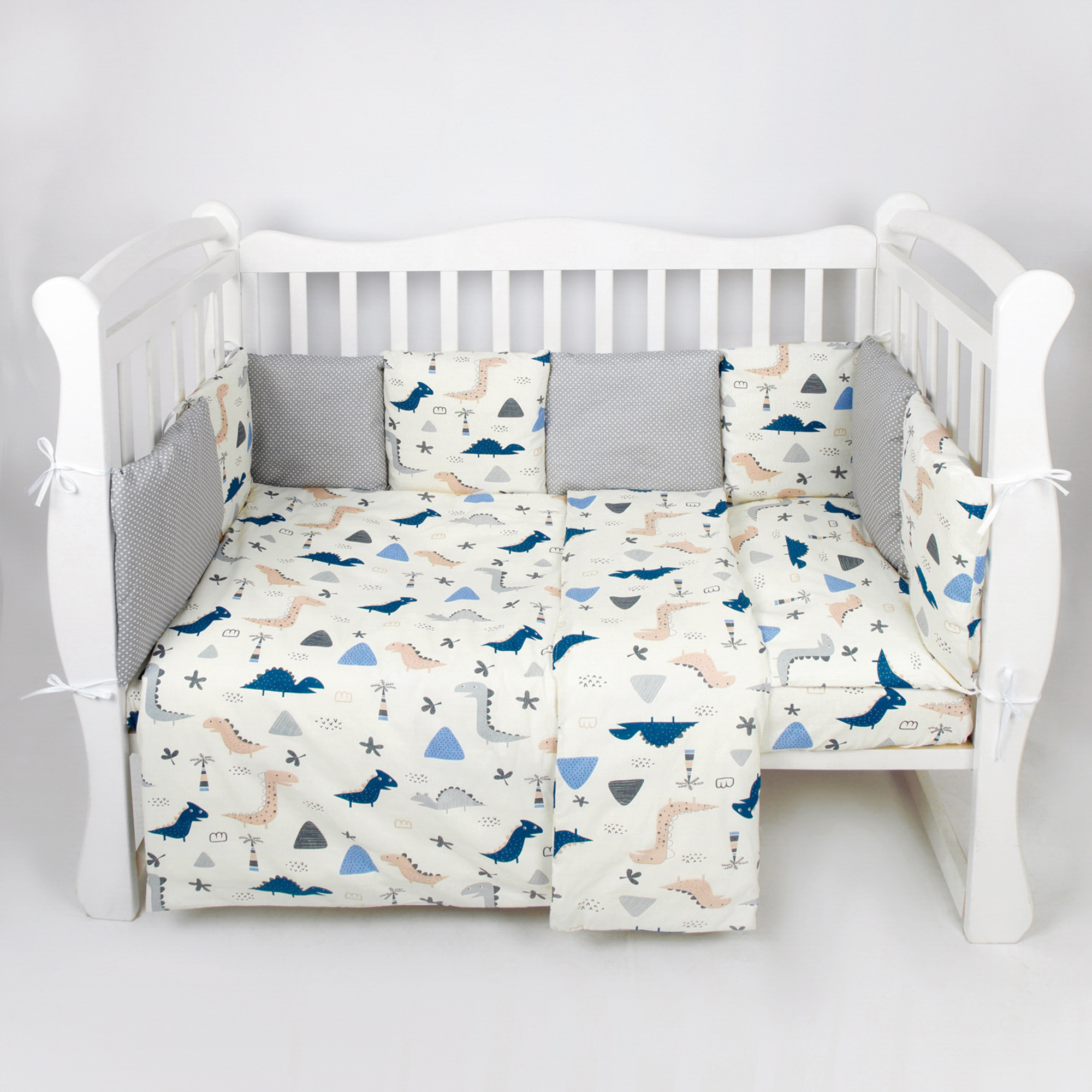 Комплект Premium AmaroBaby в кроватку 18 предметов: 6 + 12 подушек-бортиков Little dino бежевый серый - фото 2