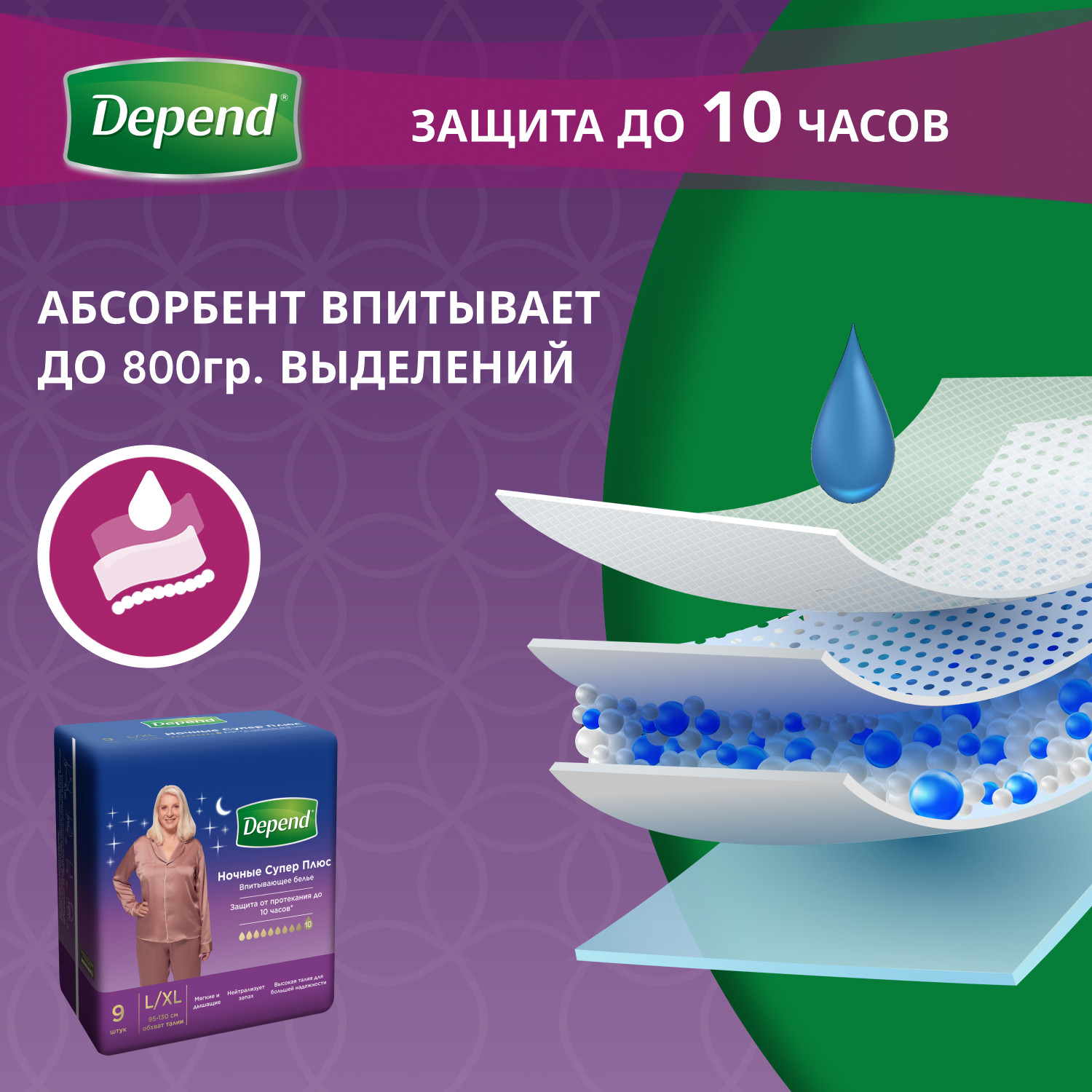 Подгузники для взрослых Depend ночные Супер Плюс L/XL для женщин 9шт - фото 5