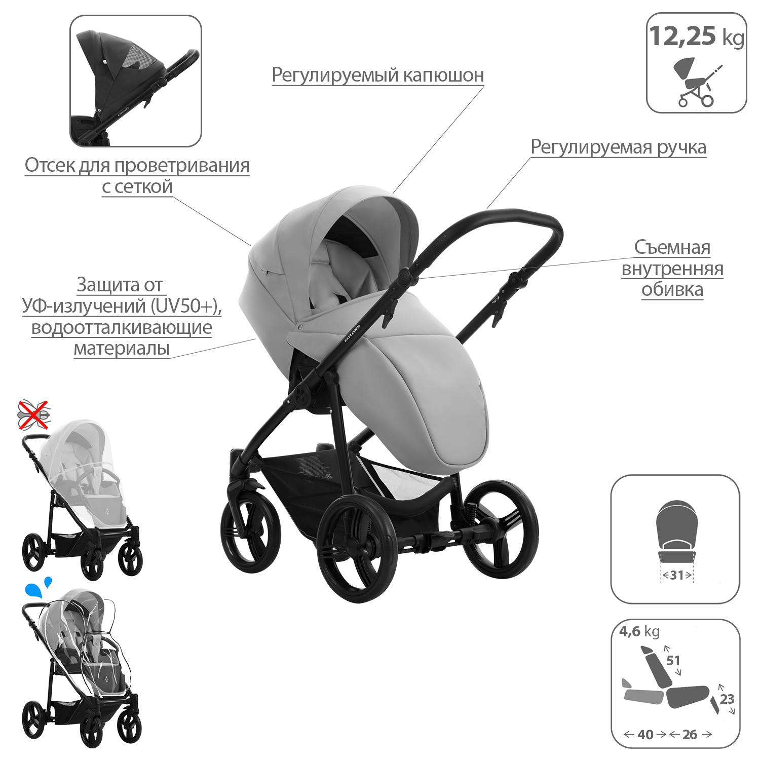 Коляска 2в1 Bebetto Explorer Air Pro экокожа шасси Черное 02 - фото 5