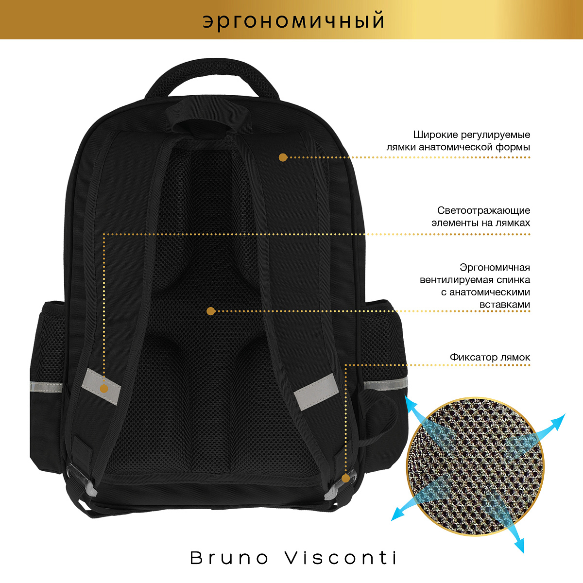 Рюкзак школьный Bruno Visconti черный с эргономичной спинкой Волшебный Лис с мешком - фото 8