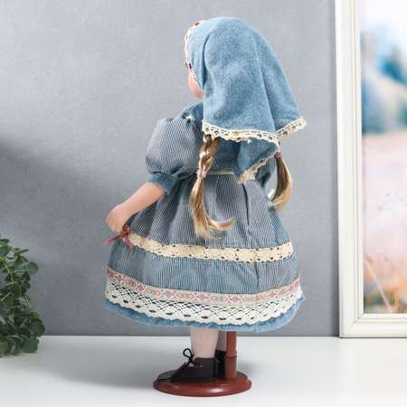 Кукла коллекционная Зимнее волшебство керамика «Катя в голубом платье с завязками в косынке» 40 см