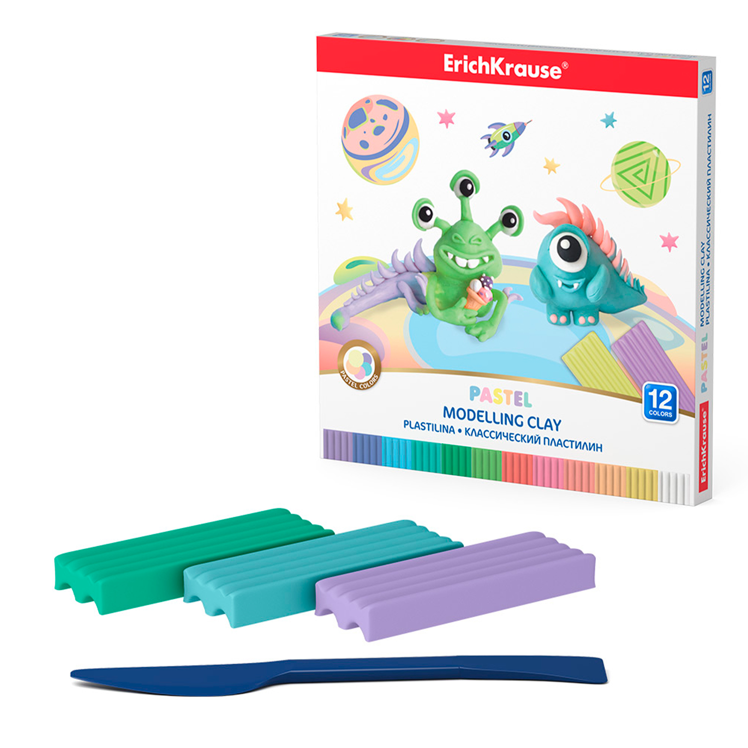 Классический пластилин ErichKrause Cosmic Monsters Pastel со стеком 12цветов 216г 58616 - фото 3