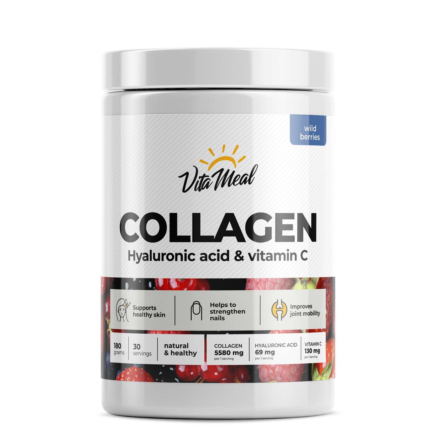 Коллаген порошок VitaMeal + Гиалуроновая кислота + Витамин С со вкусом лесные ягоды 180 г - фото 1