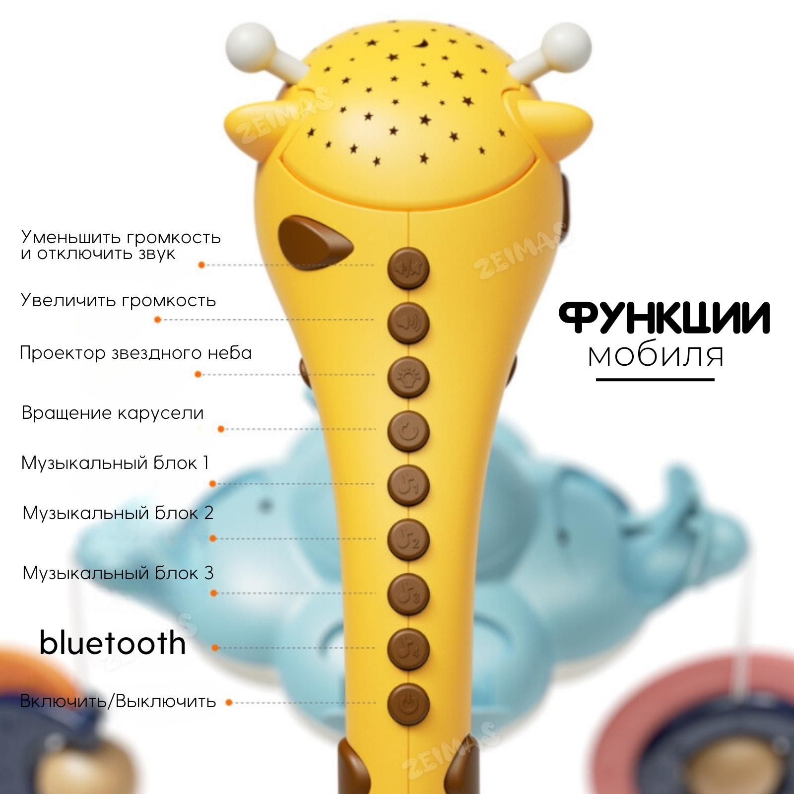 Музыкальный мобиль в кроватку Zeimas Жираф Bluetooth с проектором звездного  неба развивающие подвесные игрушки