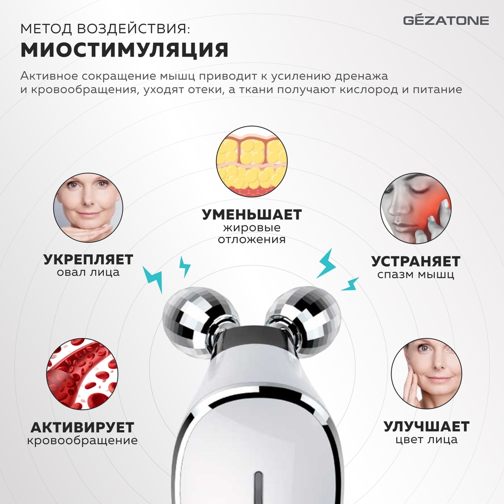 Роликовый массажер Gezatone миостимулятор – микротоки для лица Biolift m101 - фото 4