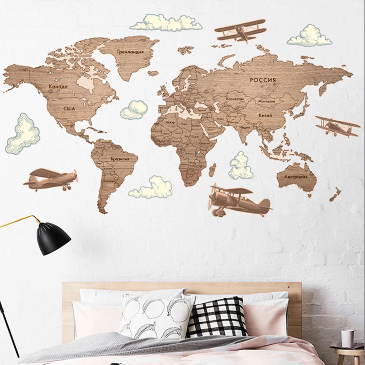 Наклейка интерьерная Woozzee Карта мира под дерево - фото 1