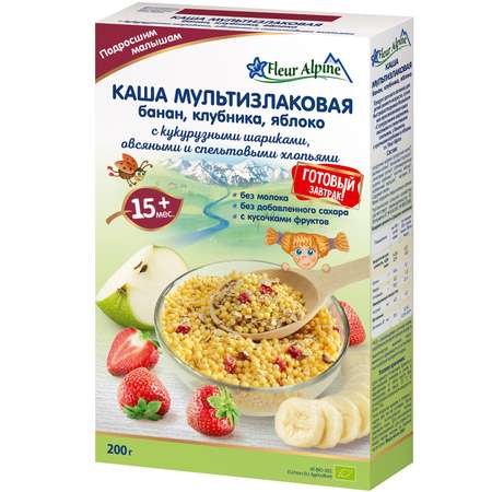 Каша Fleur Alpine мультизлаковая банан-клубника-яблоко с кукурузными шариками овсяными и спельтовыми хлопьями 200г с 15месяцев