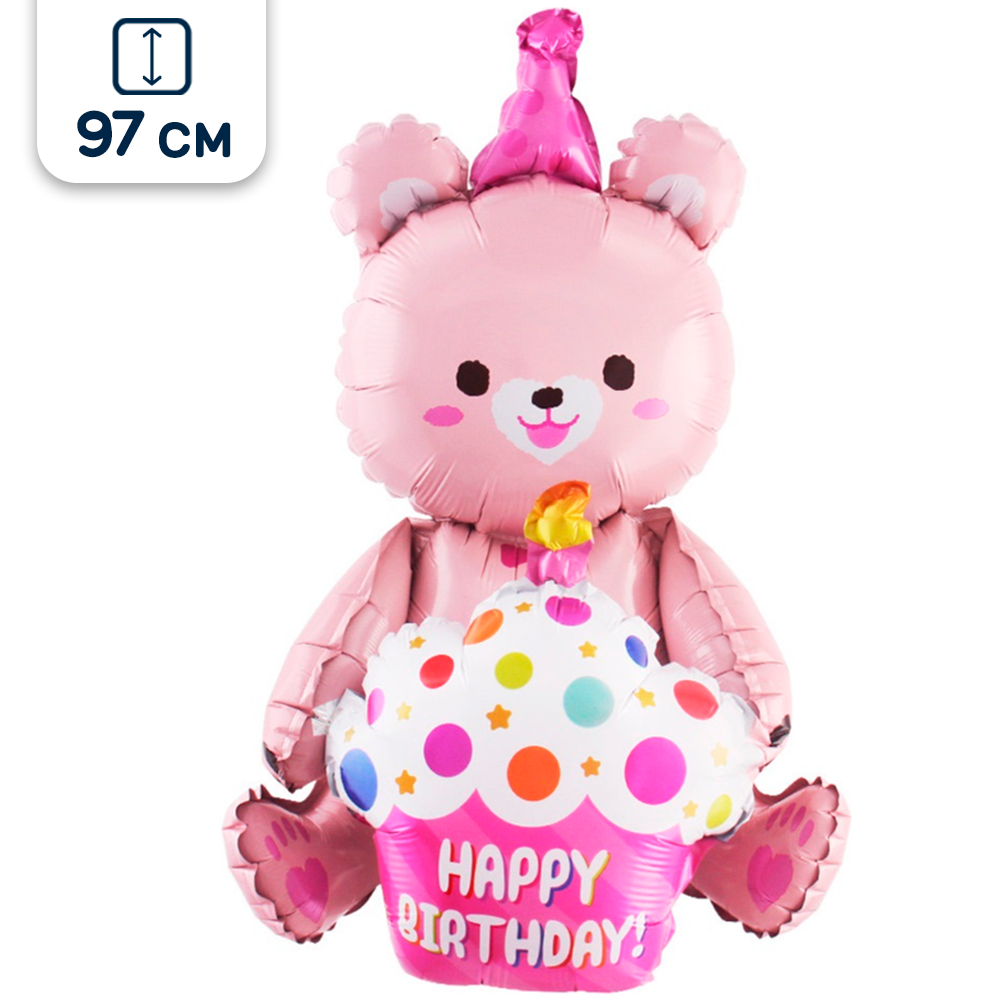 Воздушный шар Falali Мишка с капкейком Happy Birthday/С Днем рождения розовый 97 см - фото 1