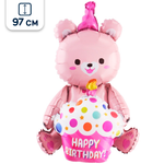 Воздушный шар Falali Мишка с капкейком Happy Birthday/С Днем рождения розовый 97 см