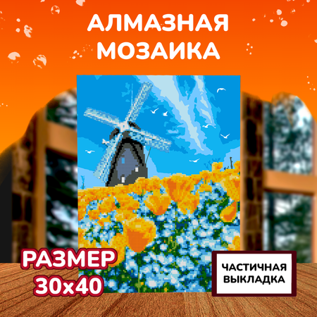 Алмазная мозаика на холсте LORI с частичным заполнением Мельница 40х30 см