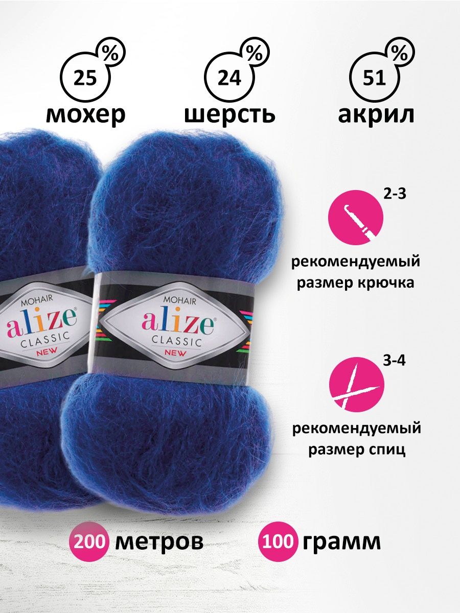 Пряжа Alize полушерстяная Mohair classic new 100 гр 200 м 5 мотков 409 индиго - фото 3