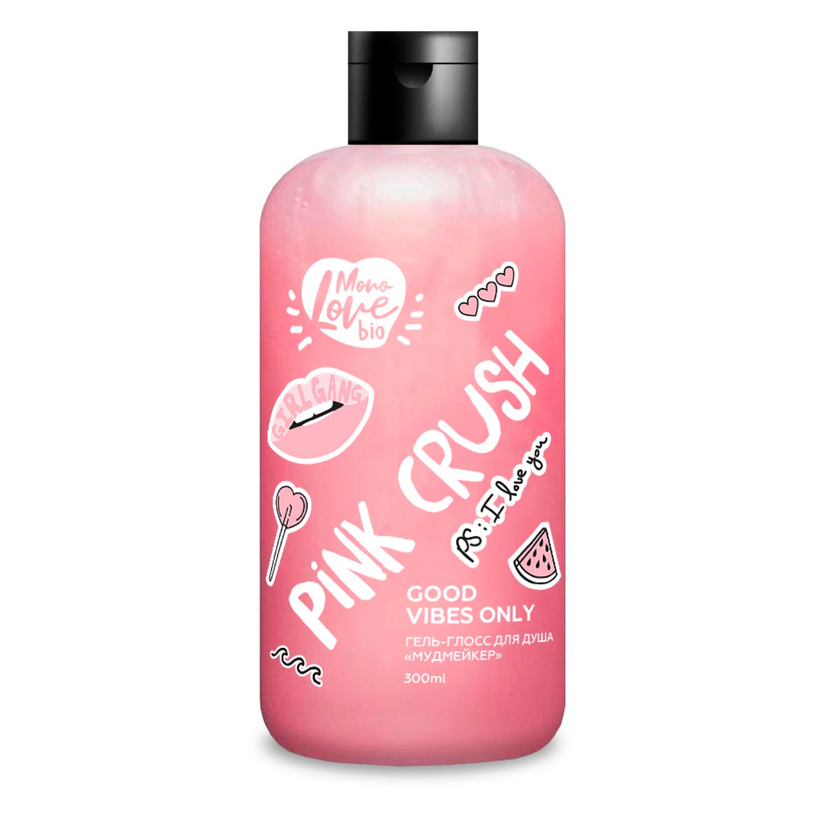 Перламутровый гель для душа MonoLove bio PINK CRUSH GOOD VIBES ONLY Мудмейкер арбузная ириска 300 мл - фото 1