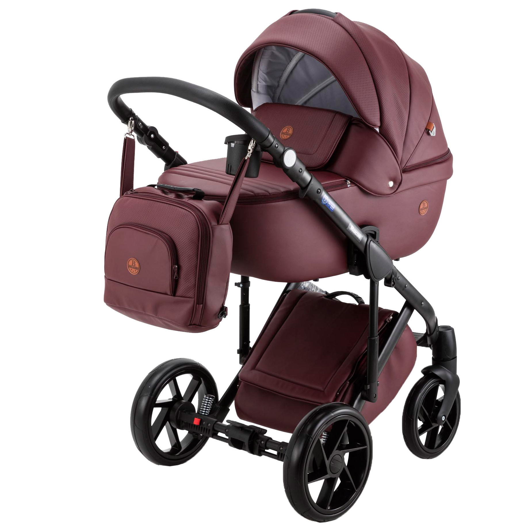 Коляска 3в1 BeBe-mobile Marconi 100% кожа BE11 Бордовая кожа+Бордовая перфорированная кожа - фото 1