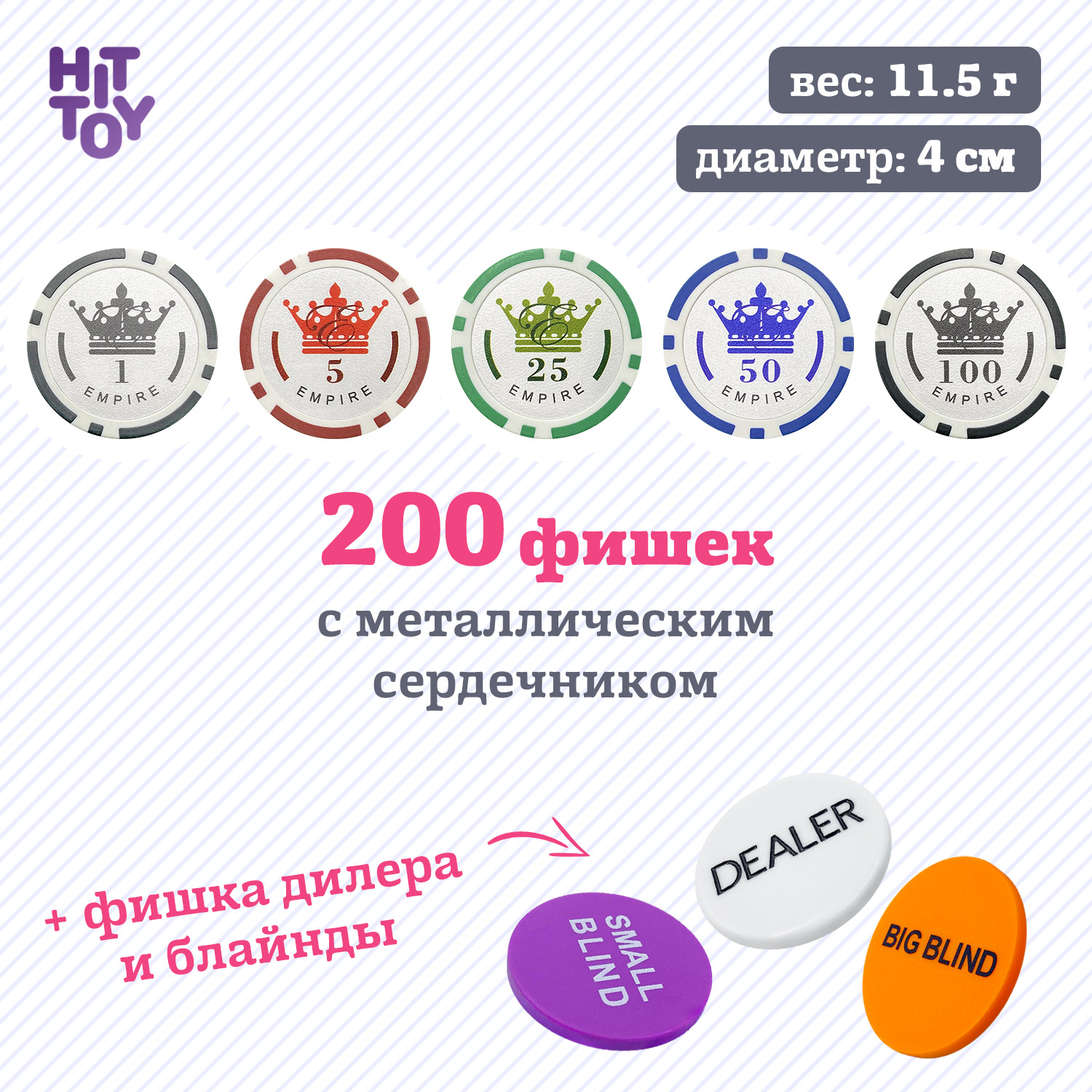 Покерный набор HitToy Empire 200 фишек с номиналом в чемодане - фото 3