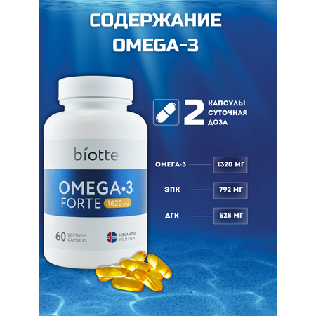 Омега-3 форте в капсулах BIOTTE премиальный рыбий жир для взрослых и подростков 60 капсул