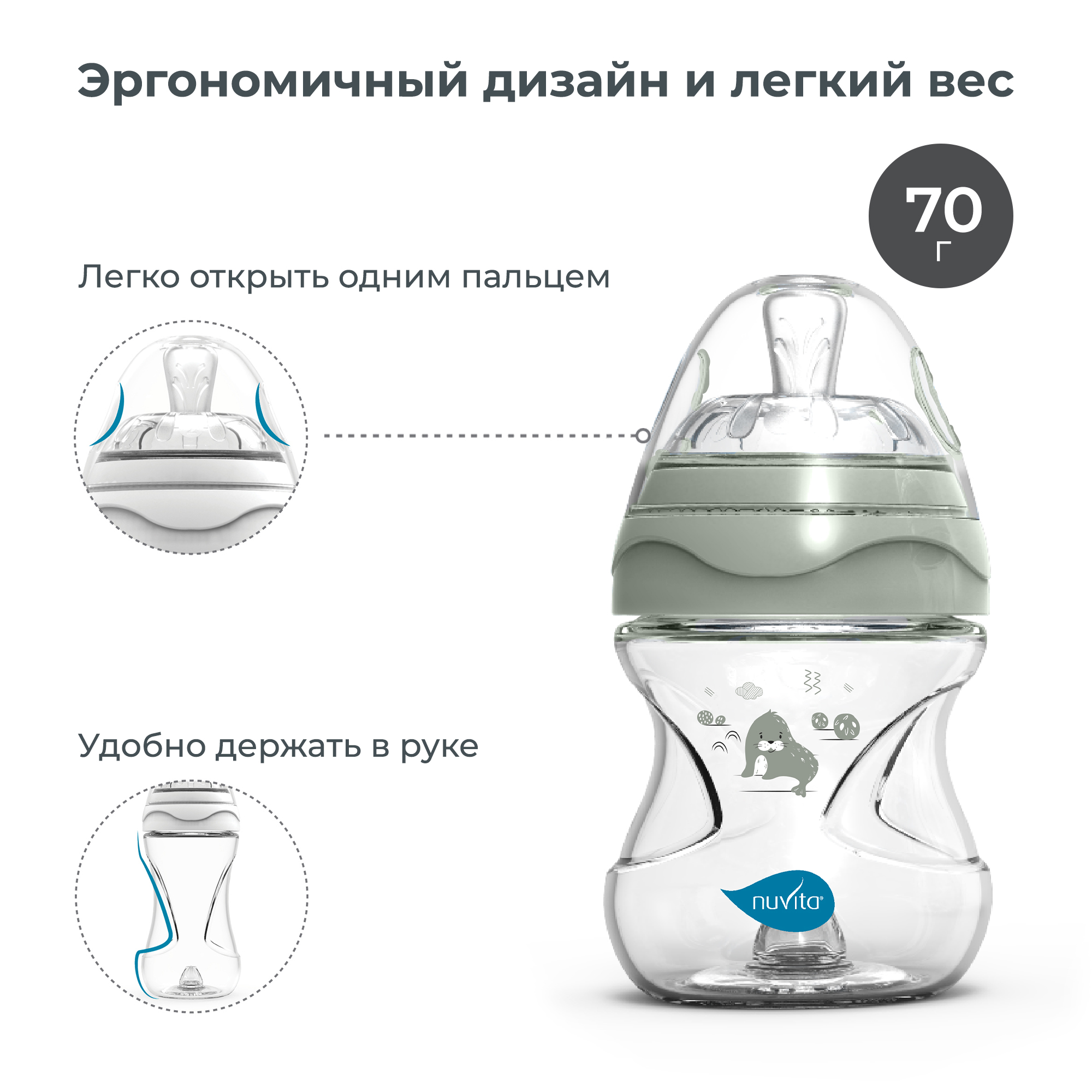 Бутылочка антиколиковая Nuvita Materno Feel пластиковая с медленным потоком 150 мл серо-зеленая - фото 7