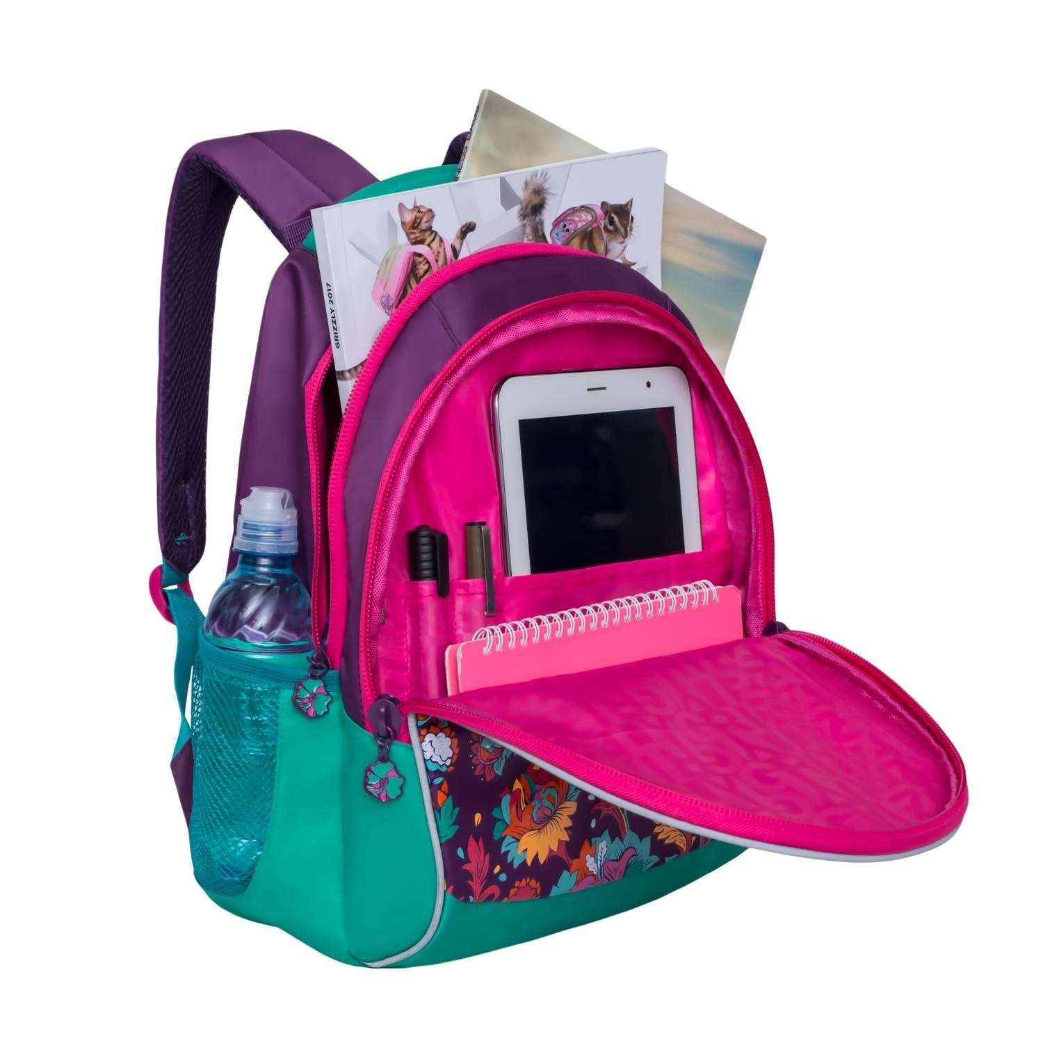 Рюкзак Grizzly Цветы для девочек Фиолетовый - фото 4