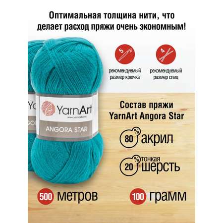 Пряжа YarnArt Angora Star тонкая полушерстяная 100 г 500 м 11448 яркая бирюза 5 мотков