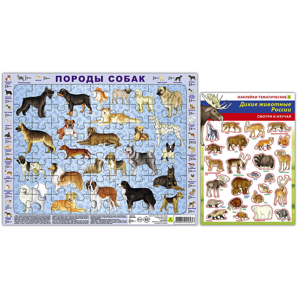 Пазл РУЗ Ко Детский на подложке. Породы собак. 36х28 см 63 элемента. Плюс  наклейки