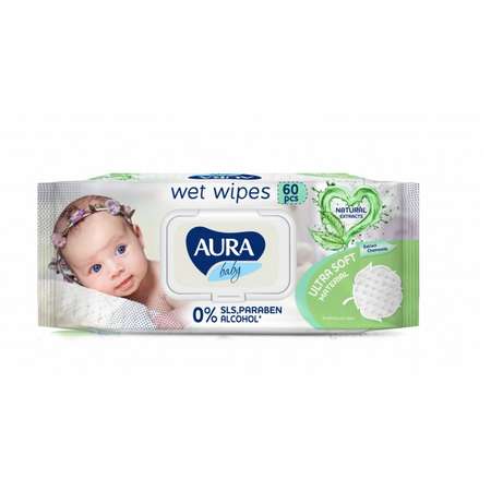 Влажные салфетки AURA Baby детские 0+ big-pack с крышкой 60шт