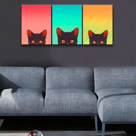 Комплект картин на холсте LORI Интерьерные на стену 3 в 1 Черные коты 40х30 см