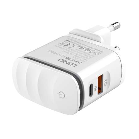 Сетевое зарядное устройство LDNIO A2423C + LED свет + кабель Micro/PD + QC 3.0 / 2×USB 3-12V 25W / белый