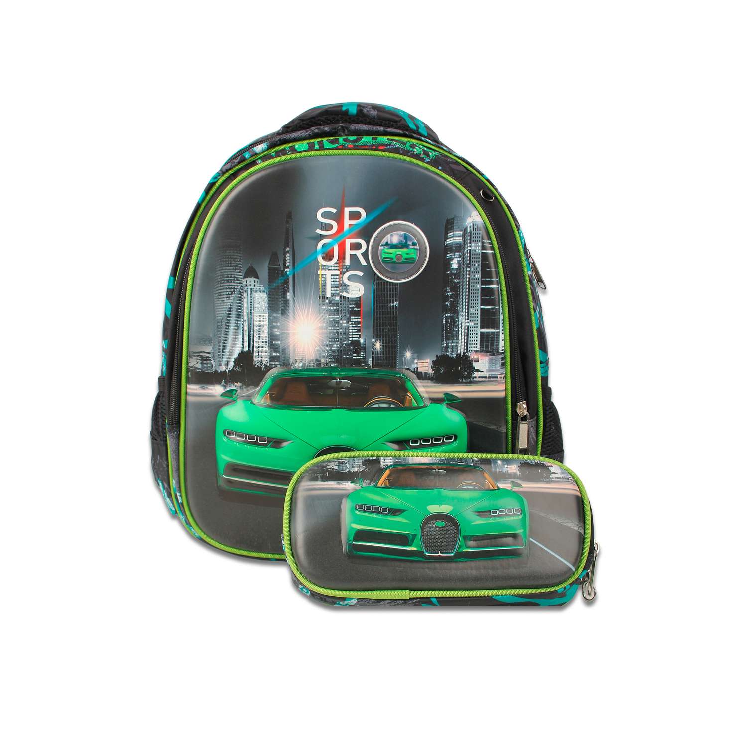 Рюкзак школьный с пеналом Little Mania Машина зеленый - фото 1