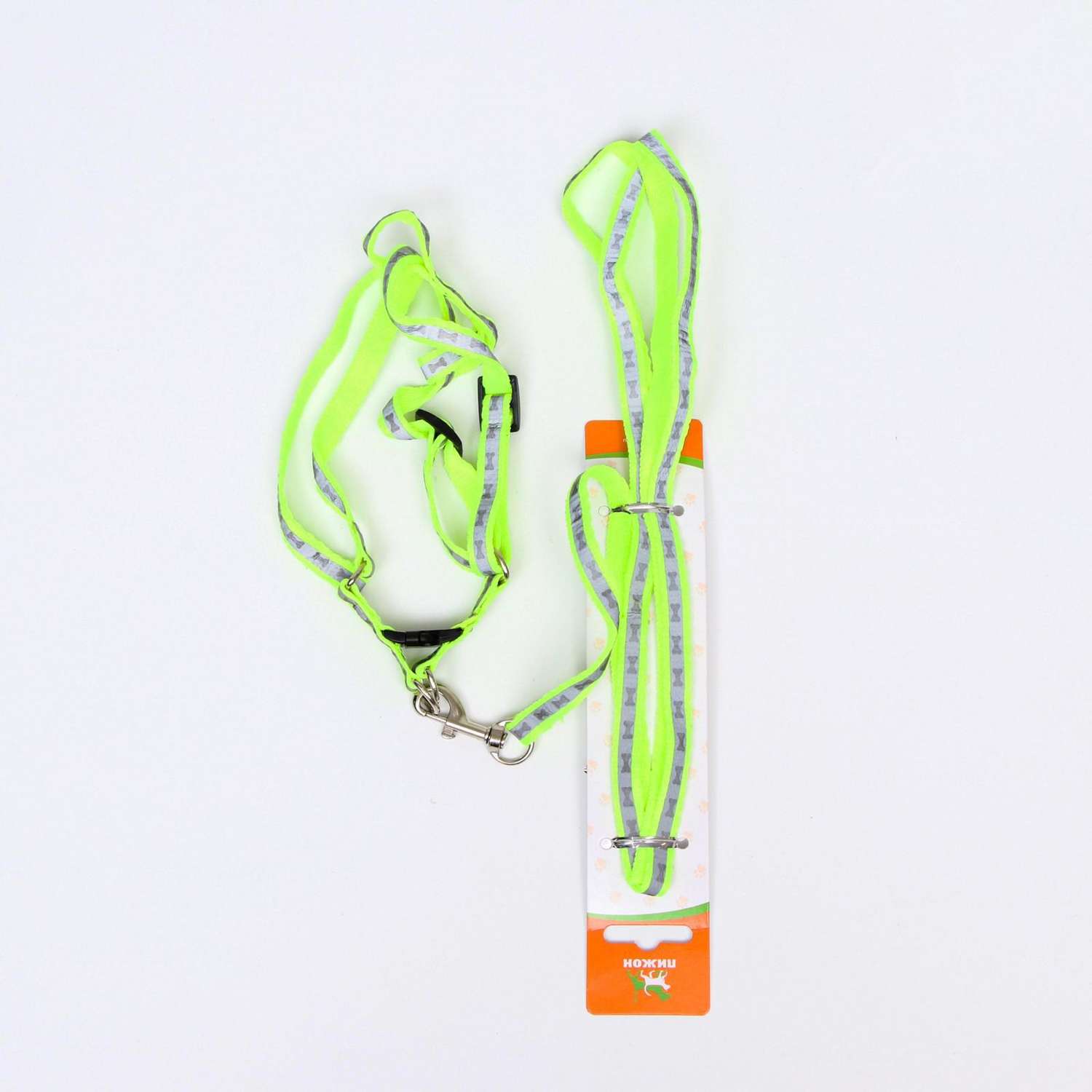 Комплект Пижон поводок и шлейка светоотражающий Косточки зелёный - фото 1