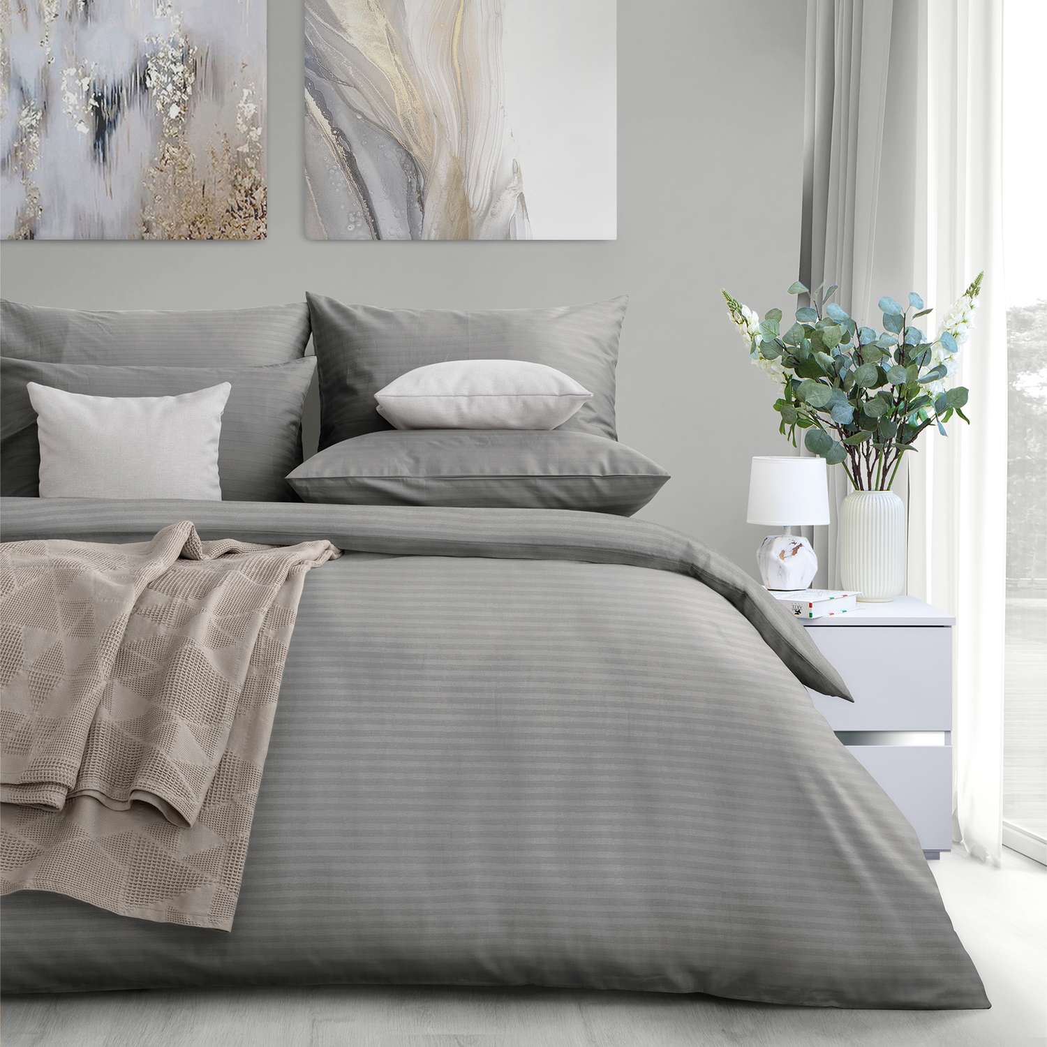 Комплект постельного белья LOVEME Gray Семейный 4 наволочки страйп-сатин 100% хлопок - фото 2